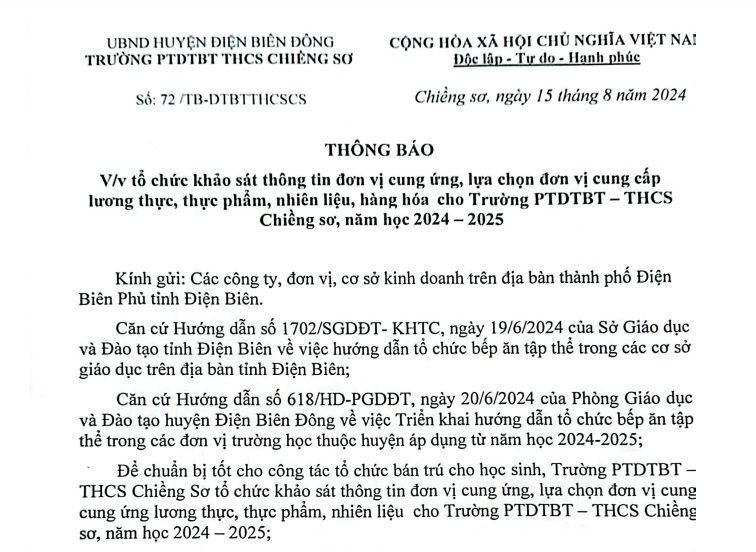 V/v: Khảo sát thông tin đơn vị cung ứng, lựa chọn đơn vị cung cấp lương thực,thực phẩm, nhiên liệu, hàng hóa cho trường PTDTBT THCS Chiềng Sơ năm học 2024- 2025